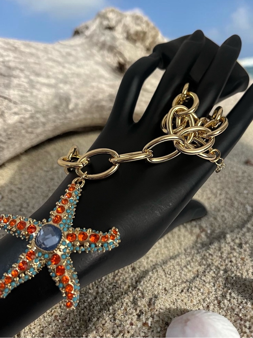 Betsey Johnson Gold-Tone Chain Necklace with Orange & Aqua Starfish Pendant - Picture 4 of 16